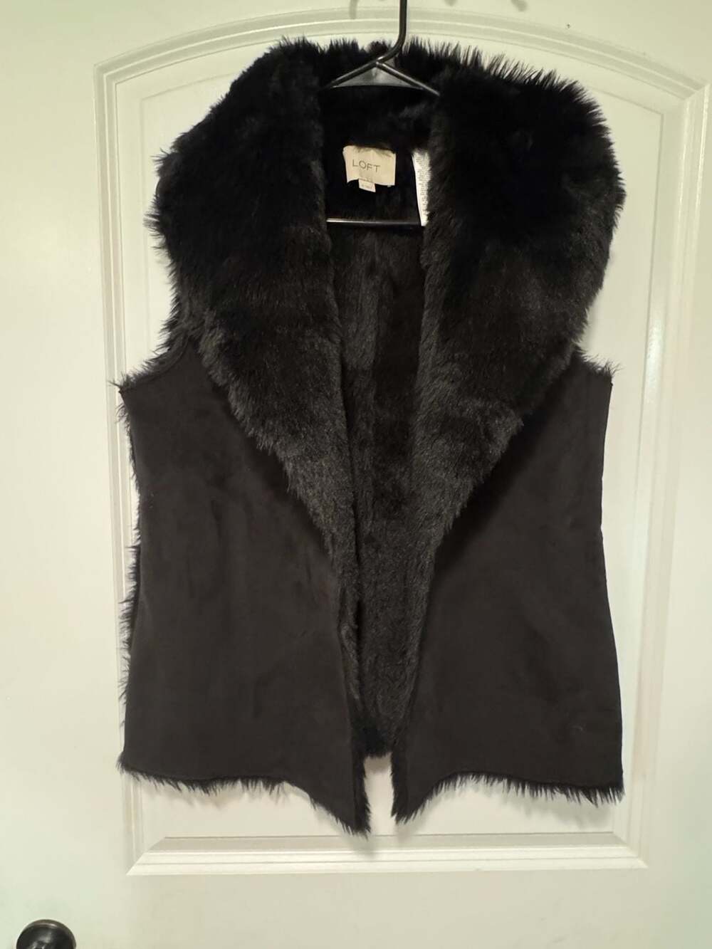 LOFT Black Reversible Faux Fur Vest Open Front Shawl Collar Small